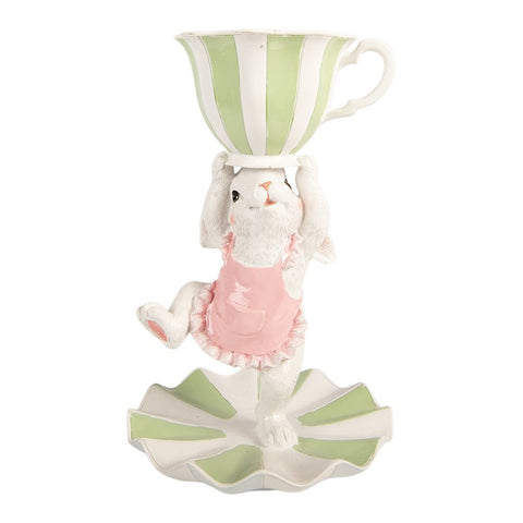 Statuetta decorativa coniglio con tazza – Ø 15x24 cm (bianco, verde, plastica) Clayre & Eef
