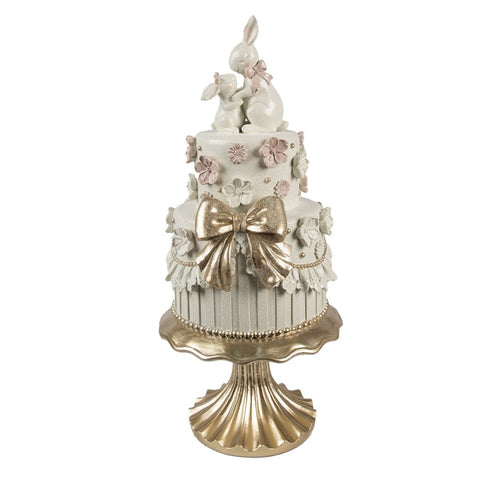 Statuetta decorativa torta su piedistallo con conigli – Ø 20x45 cm (bianco/rosa, plastica) by Clayre & Eef