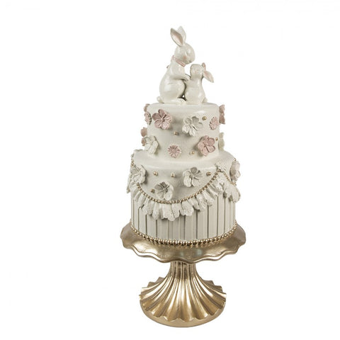 Statuetta decorativa torta su piedistallo con conigli – Ø 20x45 cm (bianco/rosa, plastica) by Clayre & Eef