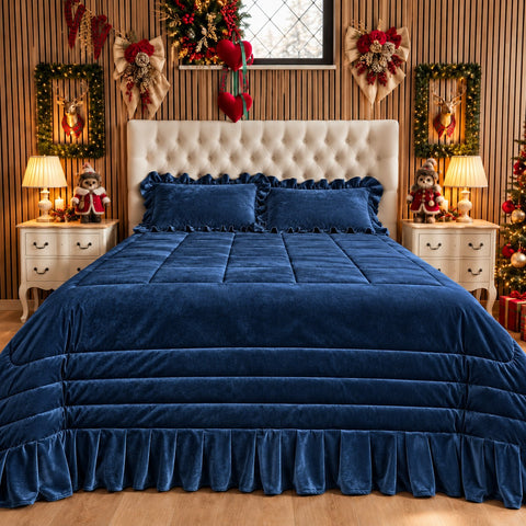 Trapunta matrimoniale in velluto con balza plissettata colore Blu – Kaluka Shabby Chic