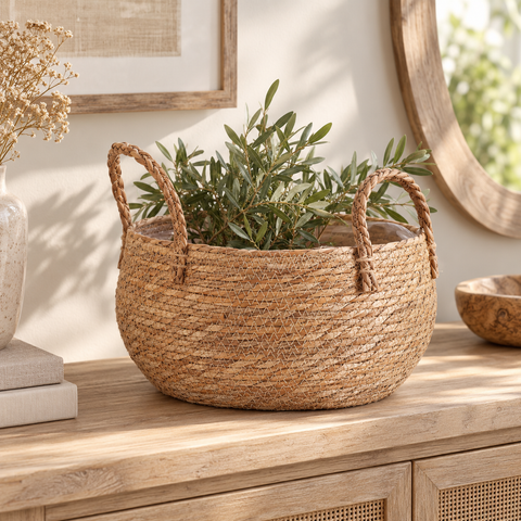 Set Cesti Contenitore Ovale in Fibra Naturale con Manici - 25x23x h18 cm, 33x31x h20 cm, 39x35x h26 cm