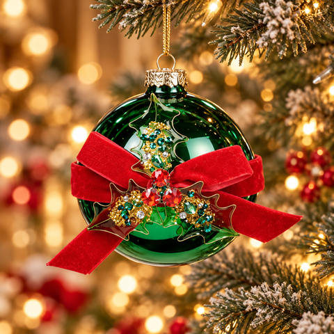 Palla di Natale in Vetro con Fiocco in Velluto e Agrifoglio – Goodwill, Ø 10cm