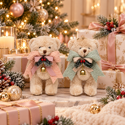 Orsetto Ralph Charm con Fiocco Bouclè e Campanello – Linea Teddy by Mata Creazioni, H 22 cm