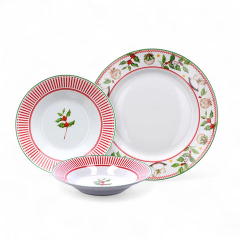 Servizio Piatti Natalizio in Porcellana 18 Pezzi – Decorazioni Agrifoglio e Motivi Festivi