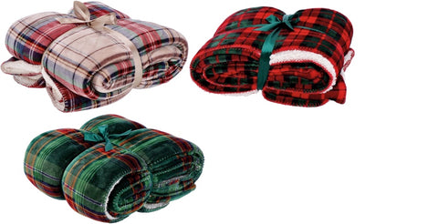 Coperta in Flannel Sherpa Scozzese 130x160 cm – Beige, Rosso, Verde