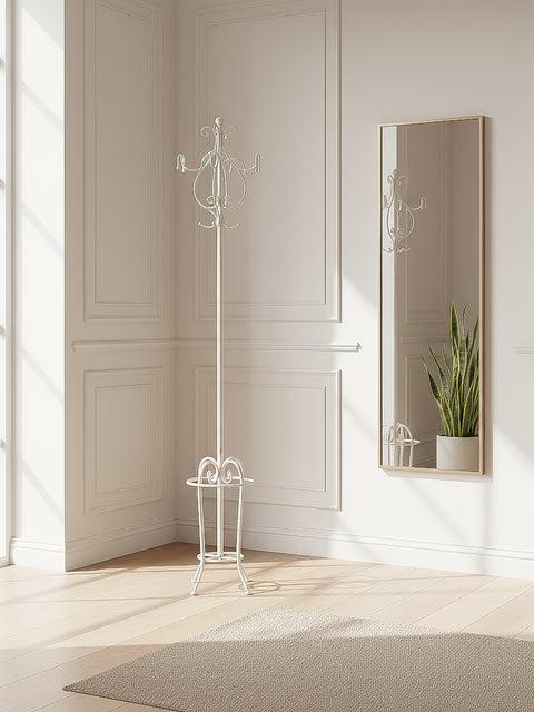 Appendiabiti a Colonna con Portaombrelli in Ferro Bianco Anticato - H187 cm