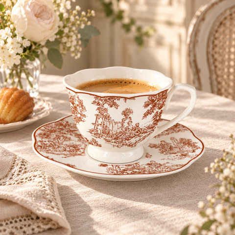 Tazzina da Caffè con Piattino in Porcellana Toile de Jouy Marrone (per 6 Persone) – Blanc Mariclò, 100ml