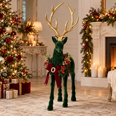 Coppia Renne Decorative Dafne & Bacco in Velluto Verde, Il Bosco di Mata – Mata Creazioni