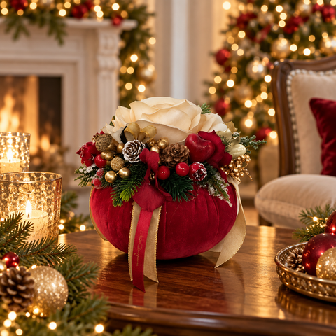 Pouf Decorativo Noël in Velluto Rosso con Rose e Bacche – Linea Noël by Mata Creazioni