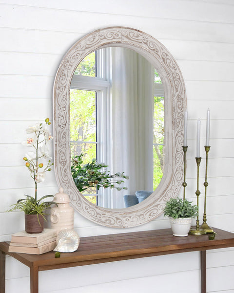 Specchio Ovale Shabby Chic in Legno di Abete Sbiancato - 65x7x95 cm