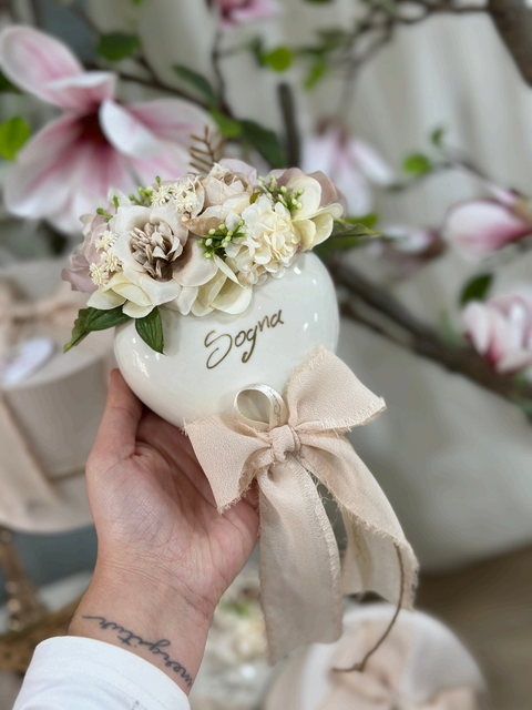 Cuori Vale in Ceramica Decorati con Fiori e Fiocco o Scritta | Mata Creazioni