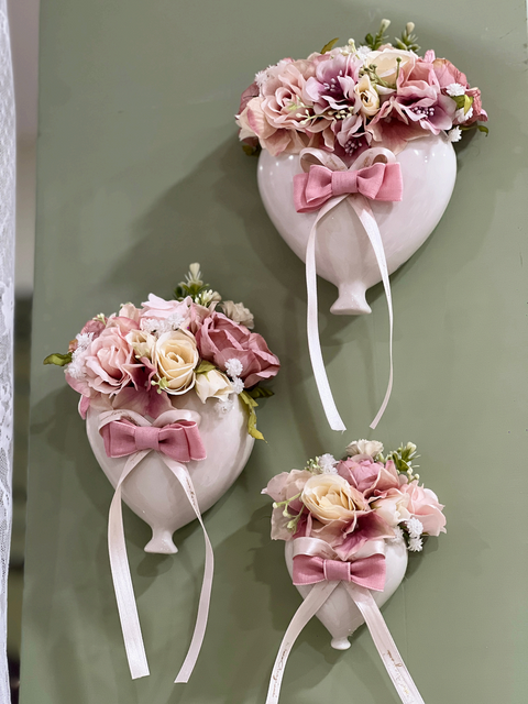 Cuori Vale in Ceramica Decorati con Fiori e Fiocco o Scritta | Mata Creazioni