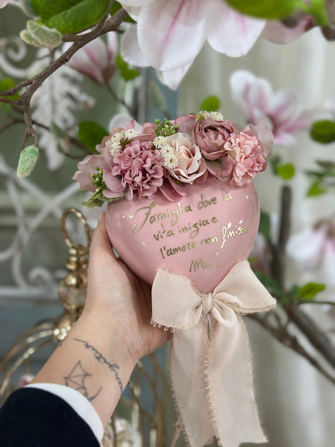 Cuori Vale in Ceramica Decorati con Fiori e Fiocco o Scritta | Mata Creazioni