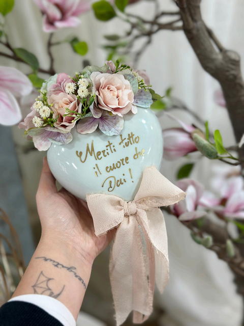Cuori Vale in Ceramica Decorati con Fiori e Fiocco o Scritta | Mata Creazioni