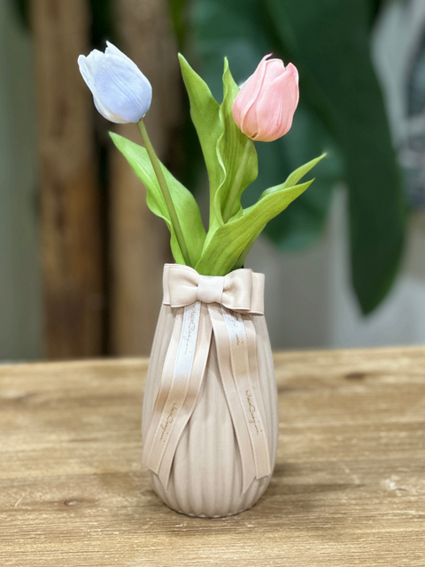 Vaso Plissè Dritto in Ceramica Artigianale con Tulipani e Box - Mata Creazioni