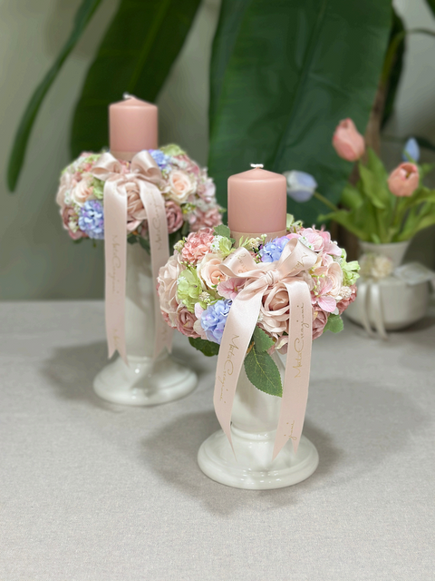 Candelabro Artigianale in Ceramica con Fiocco in Pizzo - Mata Creazioni