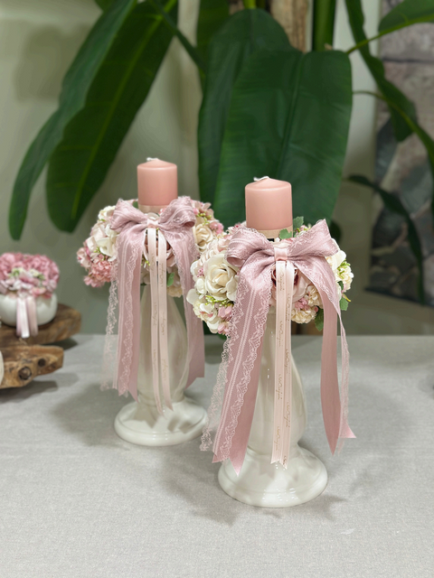 Candelabro Artigianale in Ceramica con Fiocco in Pizzo - Mata Creazioni