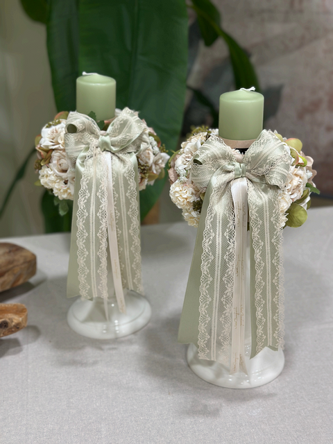 Candelabro Artigianale in Ceramica con Fiocco in Pizzo - Mata Creazioni