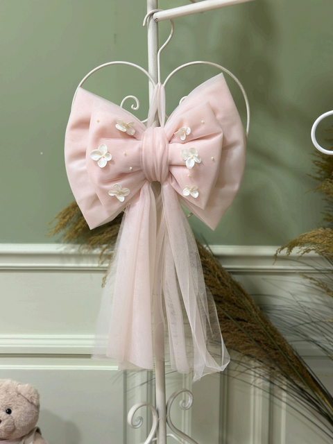 Fiocco Nascita in Tulle con Fiori e Perle | Decorazione Artigianale MataCreazioni