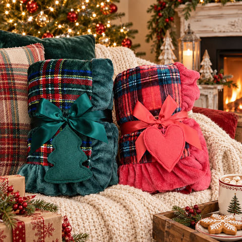Plaid Invernale in Pile Tartan Scozzese con Gala e Ciondolo – Blanc Mariclò, 140x170cm
