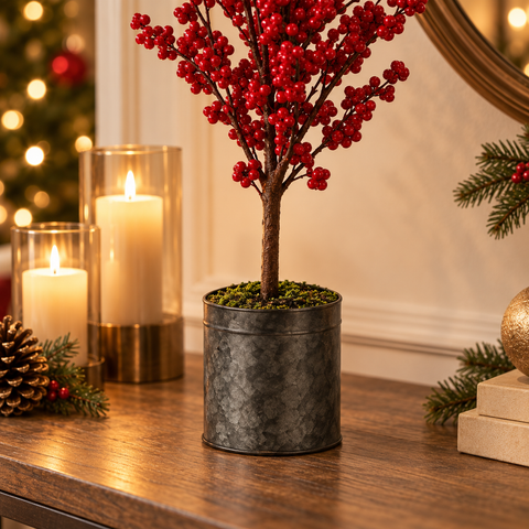 Alberello Artificiale Decorativo con Bacche Rosse e Vaso in Ferro - 11x72 cm