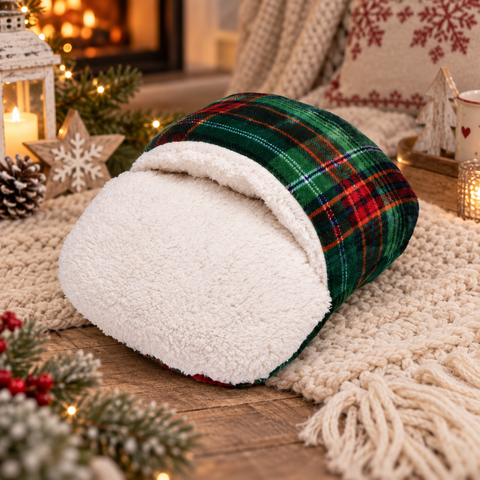 Ciabattona Scaldapiedi in Tessuto Sherpa Tartan - 30x38x13 cm