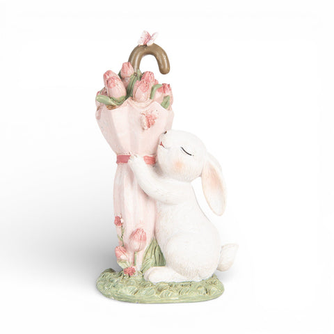 Statuetta decorativa coniglio con ombrello floreale – 15 cm (bianco/rosa, plastica) by Clayre & Eef