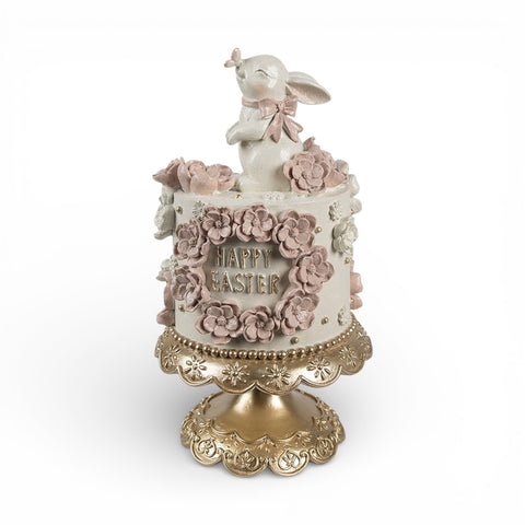 Statuetta decorativa torta “Happy Easter” con coniglio – Ø 18x32 cm (bianco/rosa, plastica) by Clayre & Eef