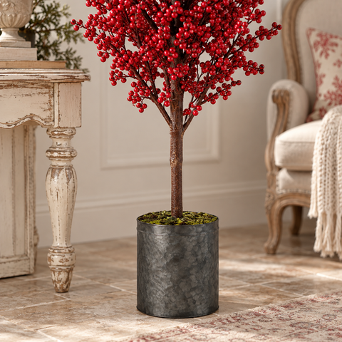 Albero Artificiale Decorativo con Bacche Rosse e Vaso in Ferro - 21x162 cm