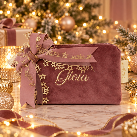 Velvet Mini Pochette con Zip e Scritta Ricamata Oro - Mata Creazioni, 16x11 cm