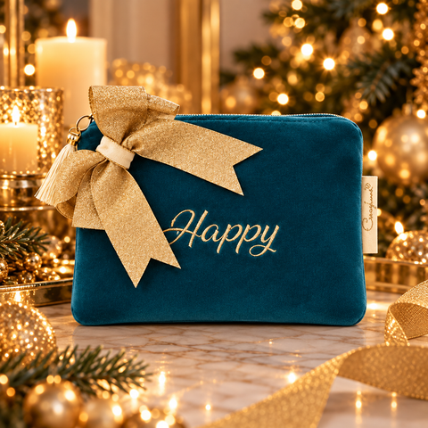 Velvet Mini Pochette con Zip e Scritta Ricamata Oro - Mata Creazioni, 16x11 cm