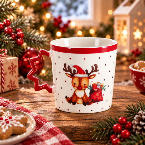 Tazza Mug Natalizia in Porcellana con Manico Sagomato - 360ml, 9x9,5 cm