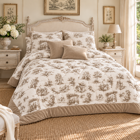 Trapunta Matrimoniale Toile Royale con Bordo in Velluto e Federe – L'Atelier 17, 260x260cm