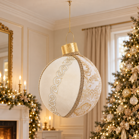 Palla di Natale Gigante Espositiva in Broccato Crema e Oro – 51 e 39cm, Goodwill