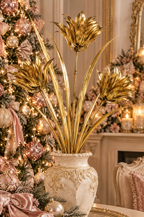 Tallo decorativo de 100 cm con flores metálicas doradas – Goodwill