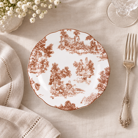 Set Piatti in Porcellana Toile de Jouy Marrone (per 6 Persone) – Blanc Mariclò, 26x26 cm