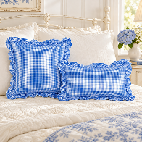 Set 2 Cuscini Vichy Azzurro con Gala Collezione Sogno Vichy – Blanc MariClò, 45x45cm e 30x50cm
