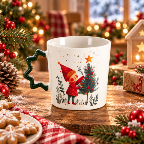 Tazza Mug Natalizia in Porcellana con Manico Sagomato - 360ml, 9x9,5 cm