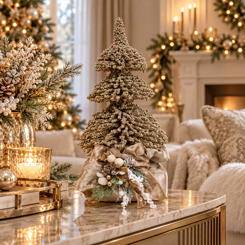 Albero Decorativo Glitter Champagne con Sacco in Velluto – Polvere di Stelle by Mata Creazioni