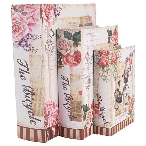 Set 3 Scatole Libro Contenitore "The Bicycle" Rosa e Beige - Clayre & Eef, 27x22x7 / 22x17x6 / 17x12x4cm