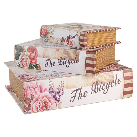 Set 3 Scatole Libro Contenitore "The Bicycle" Rosa e Beige - Clayre & Eef, 27x22x7 / 22x17x6 / 17x12x4cm