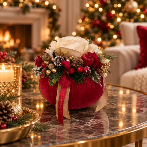 Pouf Decorativo Noël in Velluto Rosso con Rose e Bacche – Linea Noël by Mata Creazioni