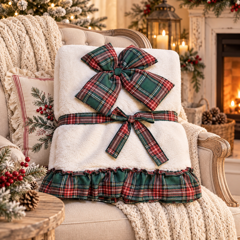 Plaid Invernale Sherpa con Volant Scozzese Tartan e Fiocco – Blanc Mariclò, 140x170cm