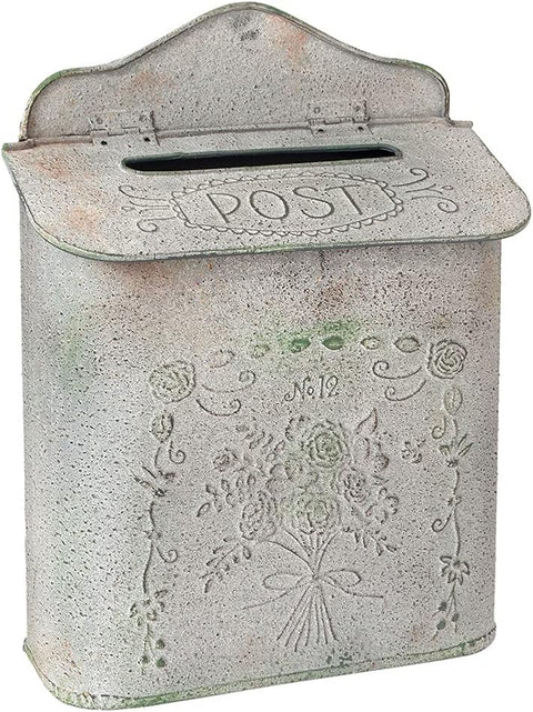 Buzón de metal rústico con decoración floral – Gris/Verde 26×10×35 cm