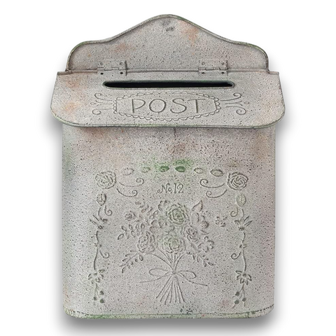 Buzón de metal rústico con decoración floral – Gris/Verde 26×10×35 cm