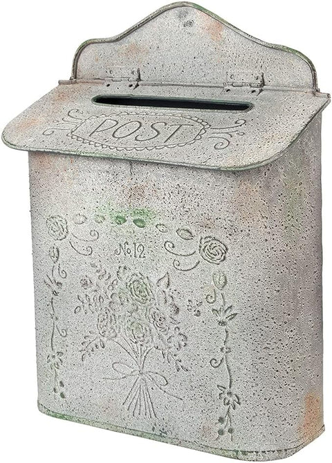 Cassetta Postale in Metallo con Decoro Floreale – Grigio/Verde 26×10×35 cm Stile Rustico