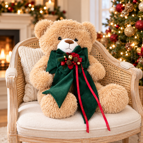 Teddy Bear Orso Peluche con Fiocco in Velluto e Composizione Natalizia – Linea Teddy by Mata Creazioni, H 60 cm