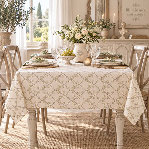 Tovaglia Rettangolare con Fantasie Differenti – Collezione Rami d'Amore by Blanc Mariclò, 140x240 cm