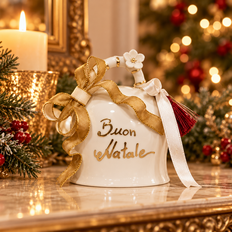 Campana Natalizia Xmas Harmony in Ceramica con Frasi Dipinte Oro e Box – Ceramic Noël by Mata Creazioni