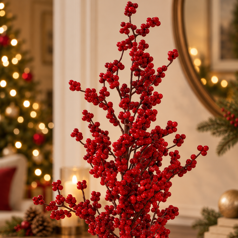 Alberello Artificiale Decorativo con Bacche Rosse e Vaso in Ferro - 11x72 cm